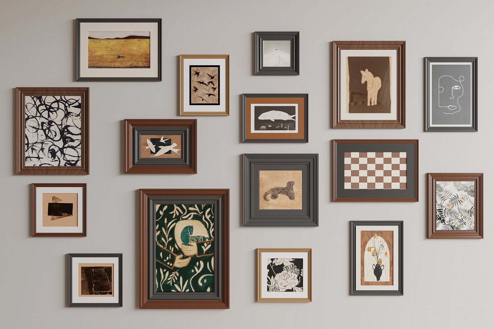 French Mid-Century Vintage Framed Wall Art Set
