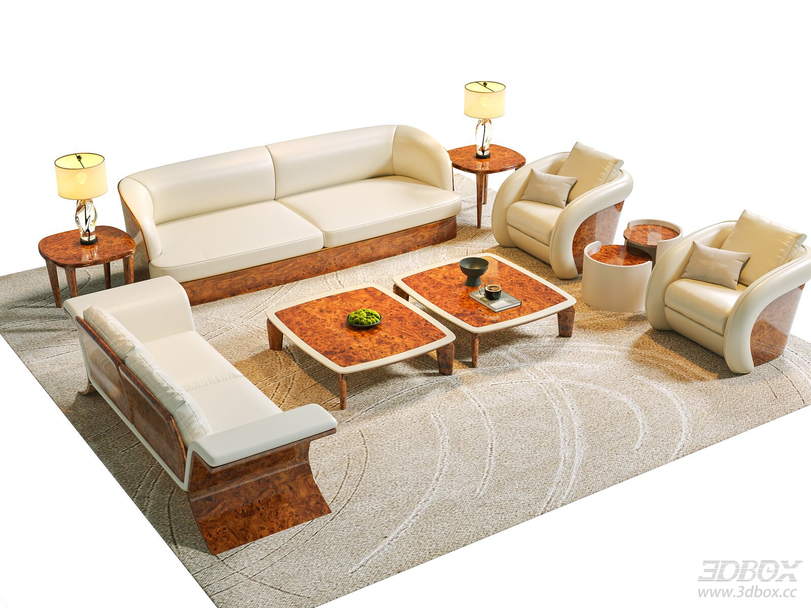 Luxury Italian Leather Sofa Set with Burl Wood Tables