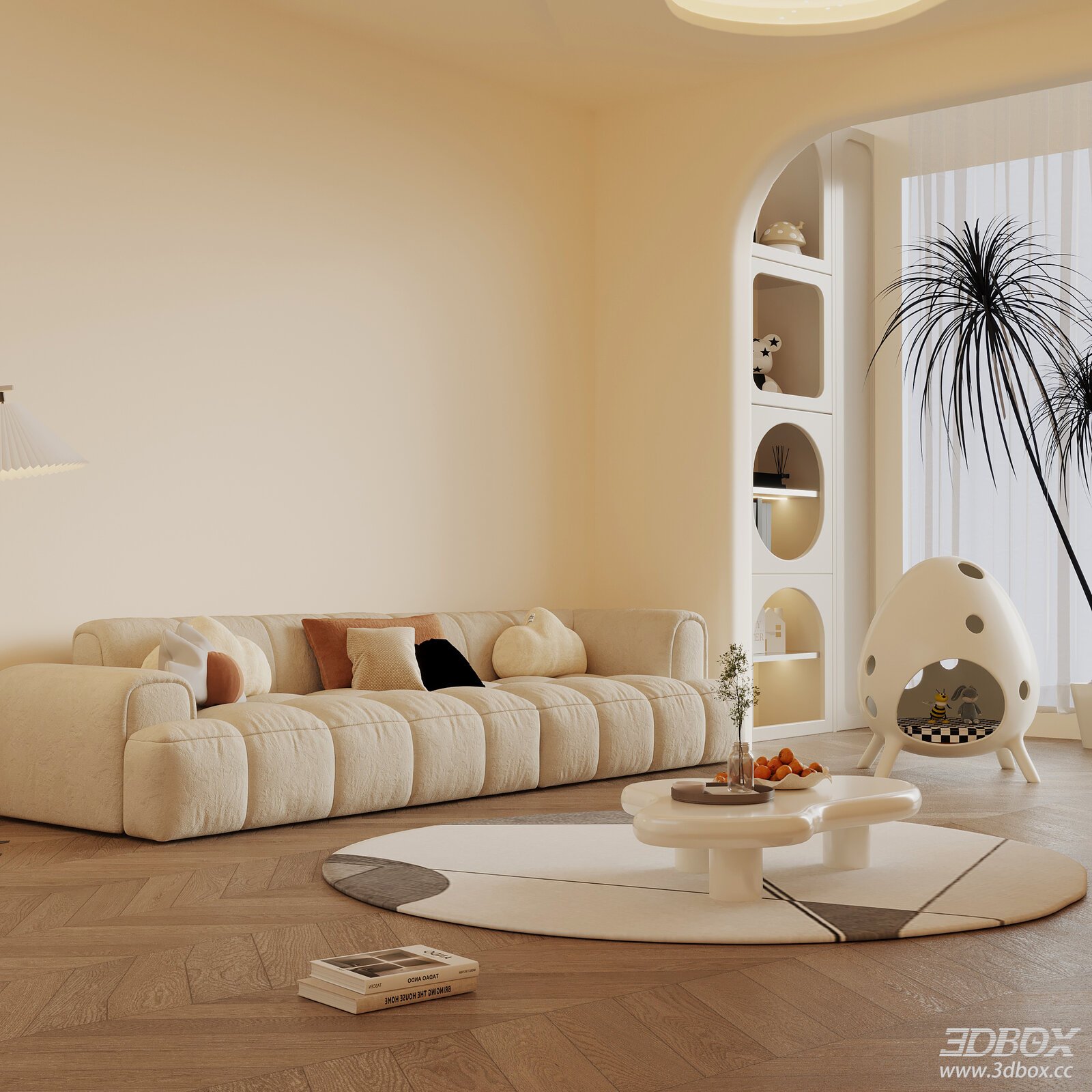 Modern Cream Style Living Room With Fabric Sofa And Coffee Table