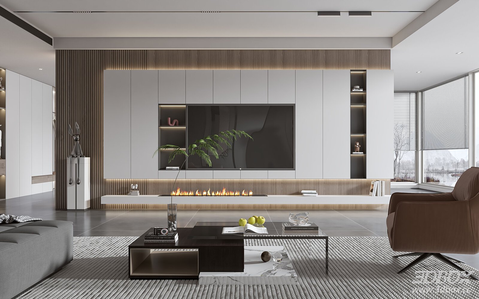 Modern minimalist living room with TV wall and coffee table