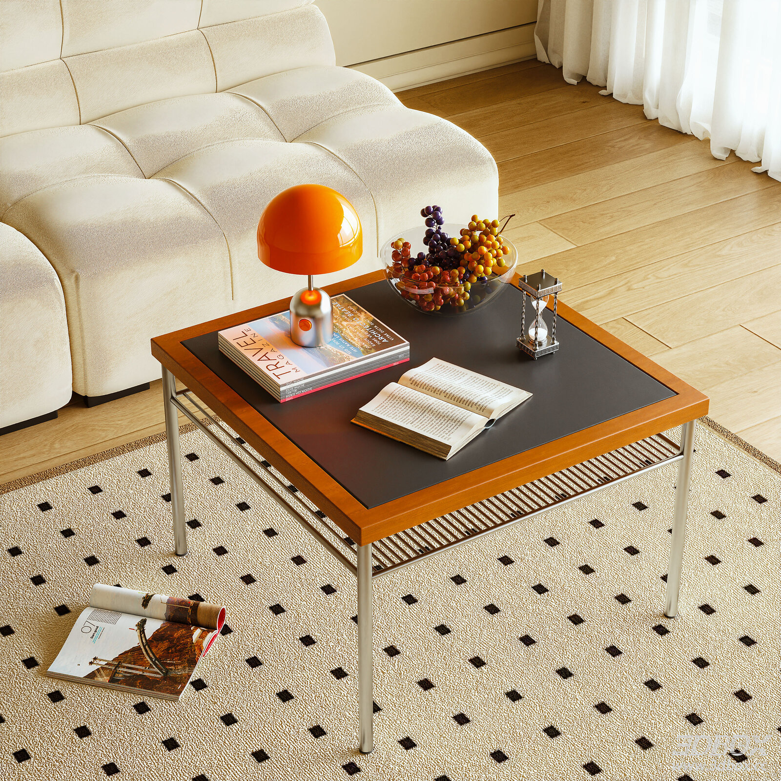 Mid-century modern coffee table with decorative accessories set