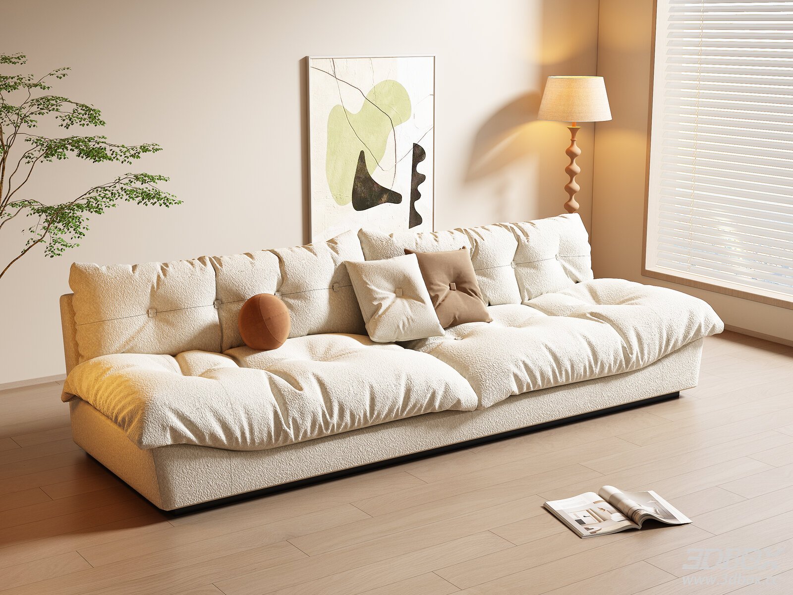Modern Cream Style 3-Seater Boucle Fabric Sofa
