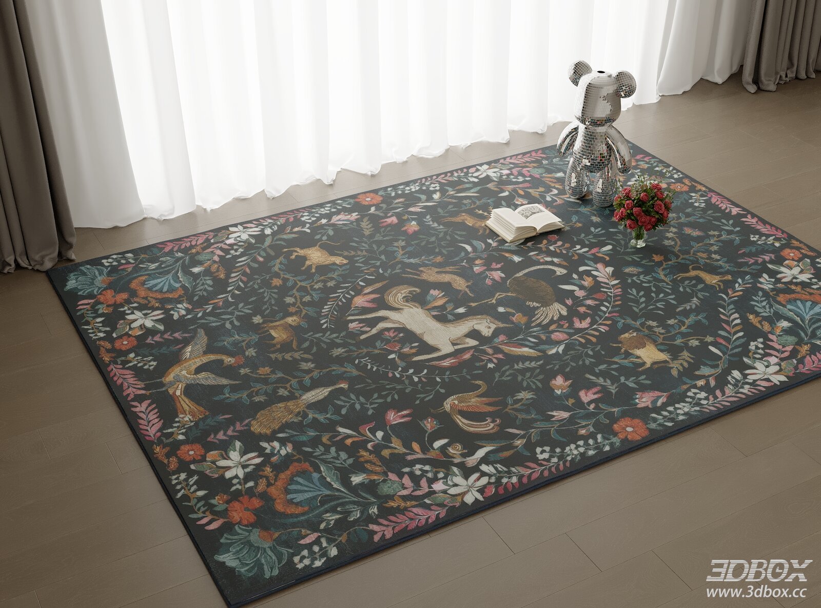 Vintage Decorative Carpet with Floral and Animal Motifs