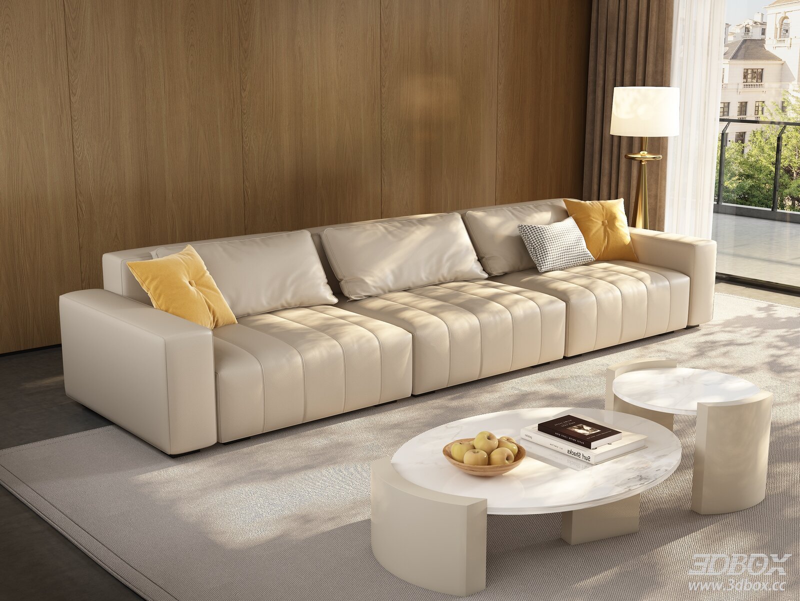 Modern Leather Sofa Set with Marble Coffee Tables