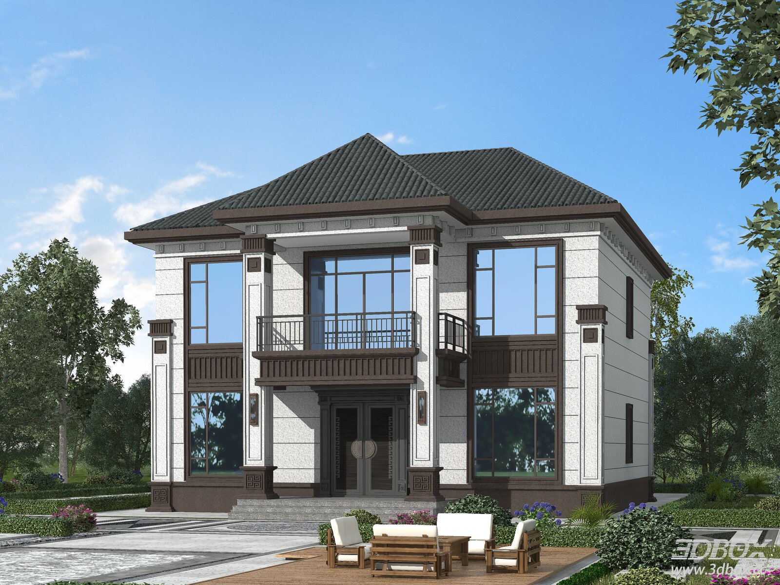New Chinese Style Two Story Villa Exterior
