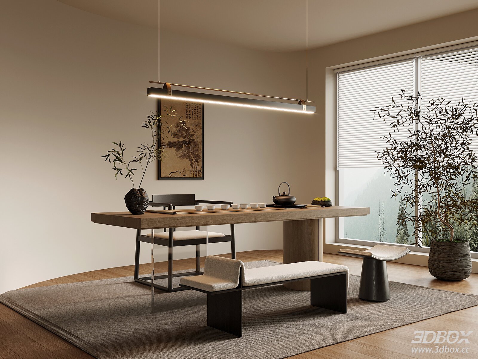 New Chinese Style Tea Room with Wooden Tea Table and Seating Set