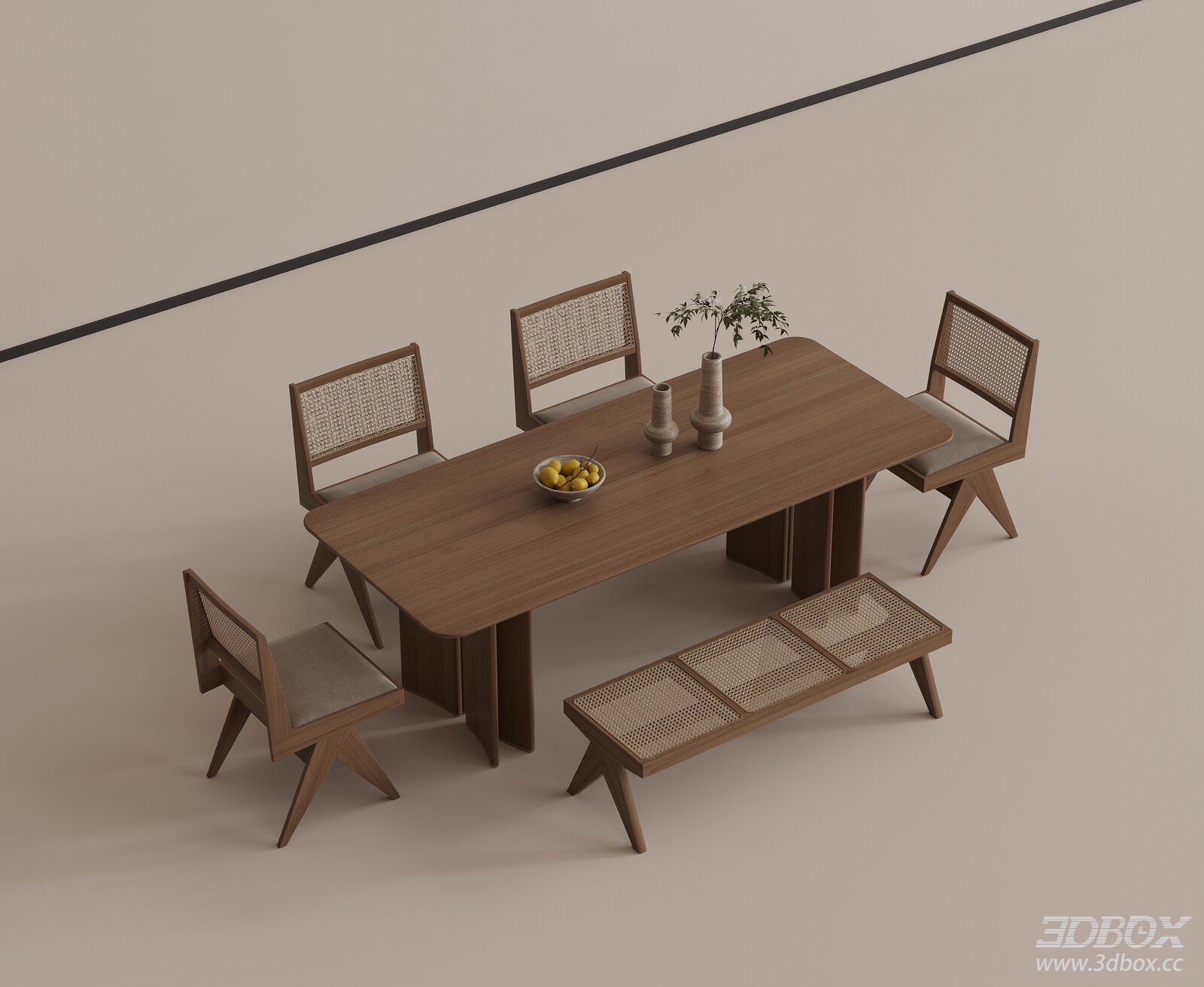 Wabi Sabi Wooden Dining Table and Rattan Chair Set