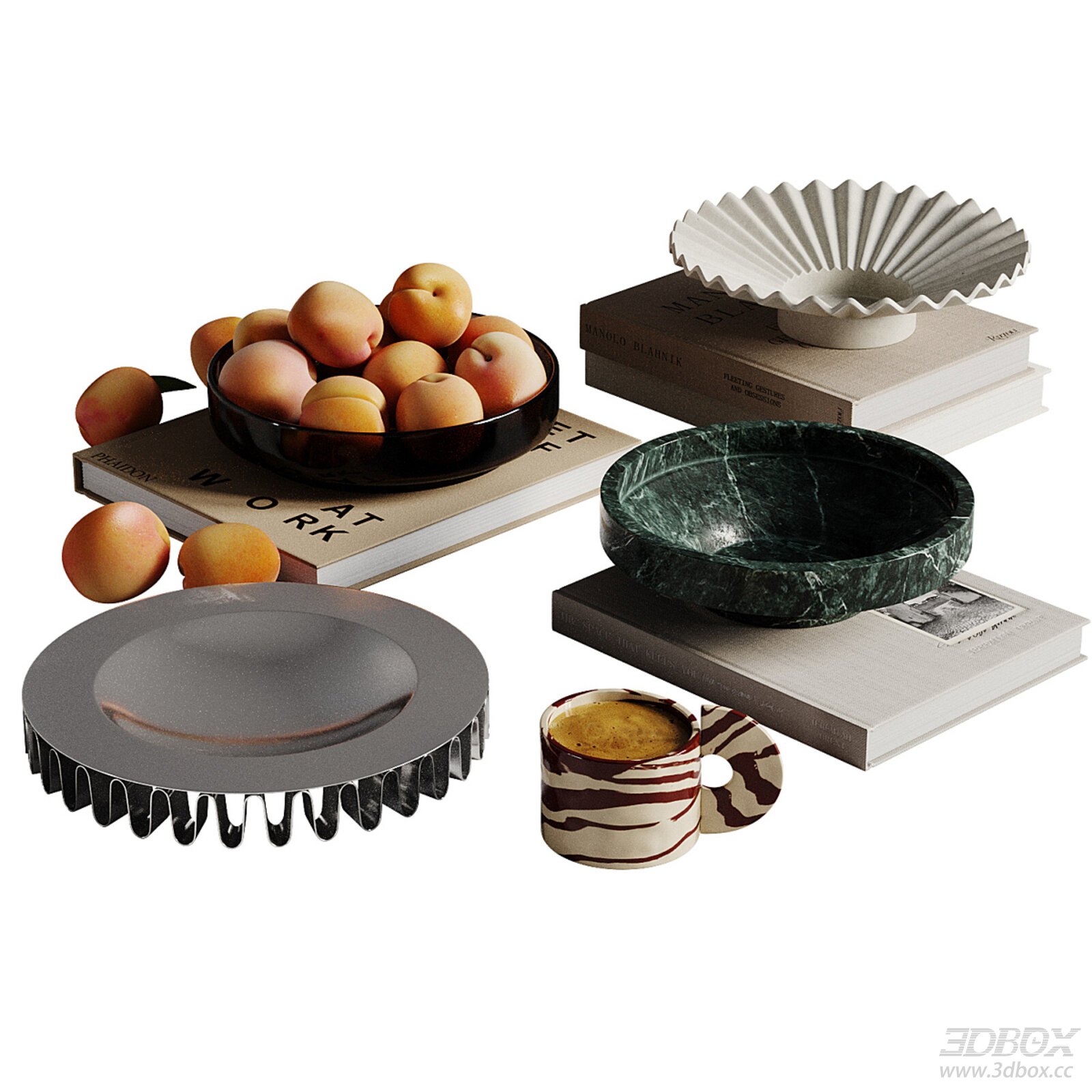Modern Kitchen Table Decorative Set with Bowls Books and Coffee Cup