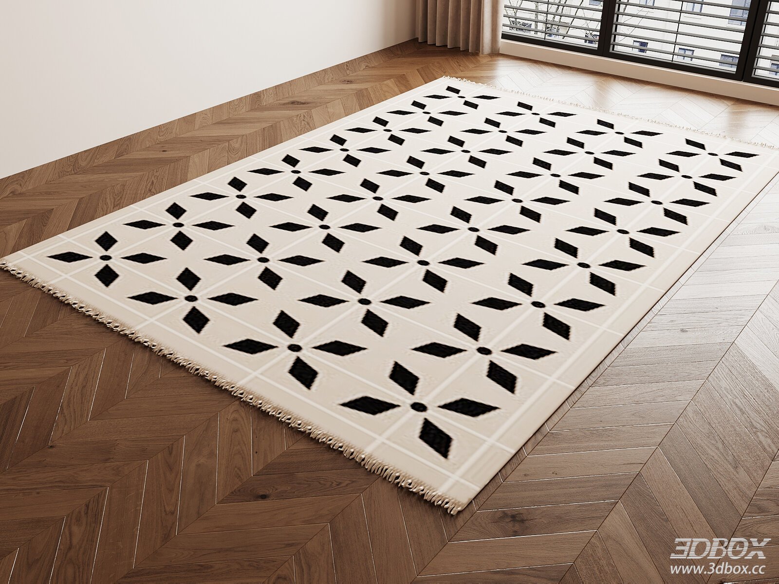 French Retro Geometric Pattern Black White Fringed Carpet