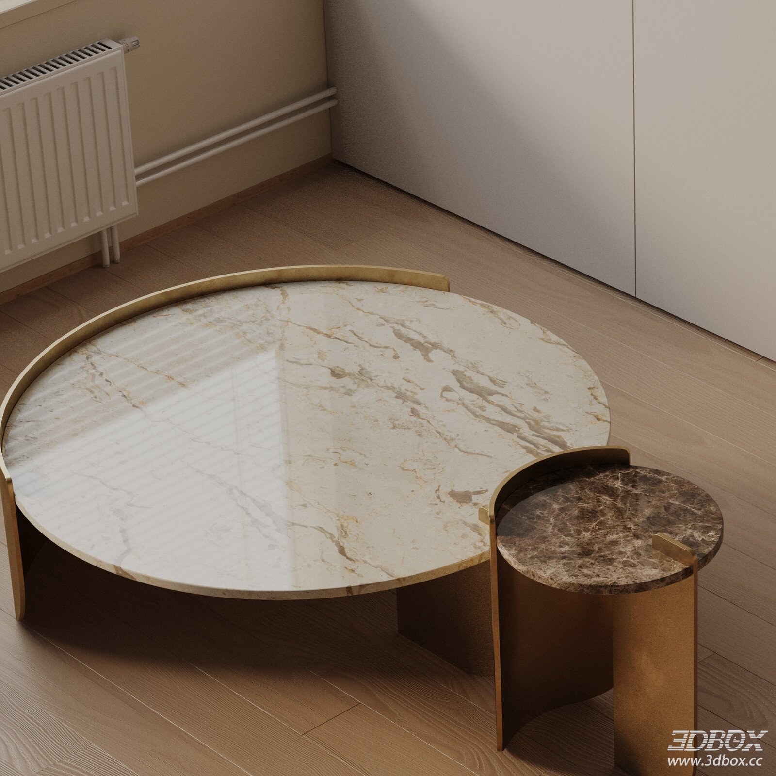 Modern Round Marble Coffee Table Set with Brass Frame