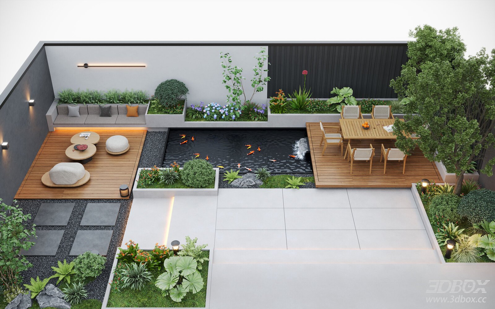 Modern Courtyard Garden Landscape with Koi Pond and Outdoor Furniture