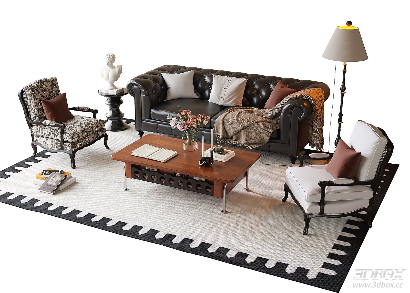 French Style Leather Sofa Set with Coffee Table and Armchairs