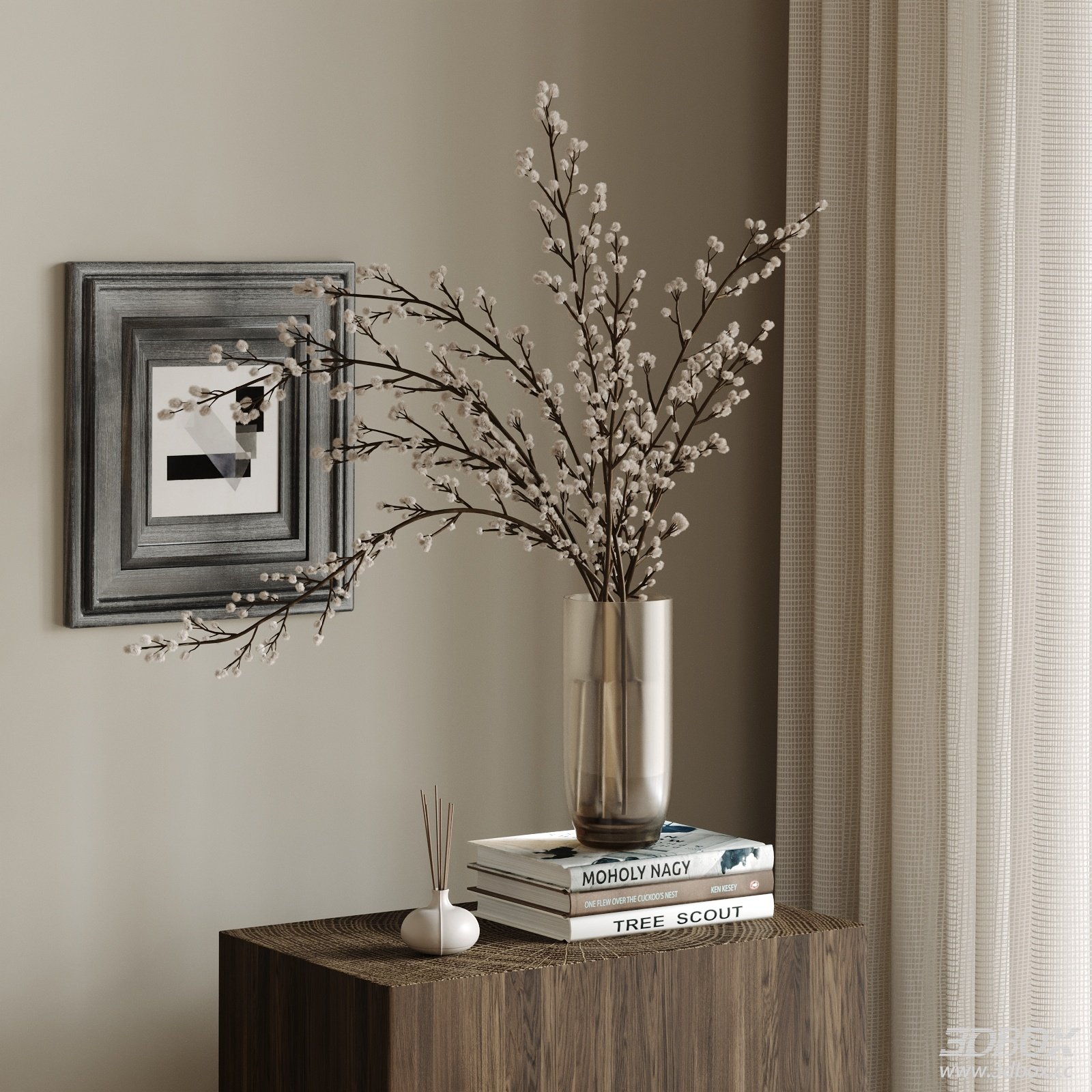 Wabi Sabi Decor Set with Glass Vase Dried Flowers and Wall Art