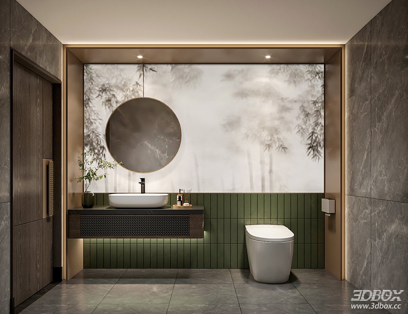Modern Luxury Bathroom Scene with Wash Basin and Smart Toilet