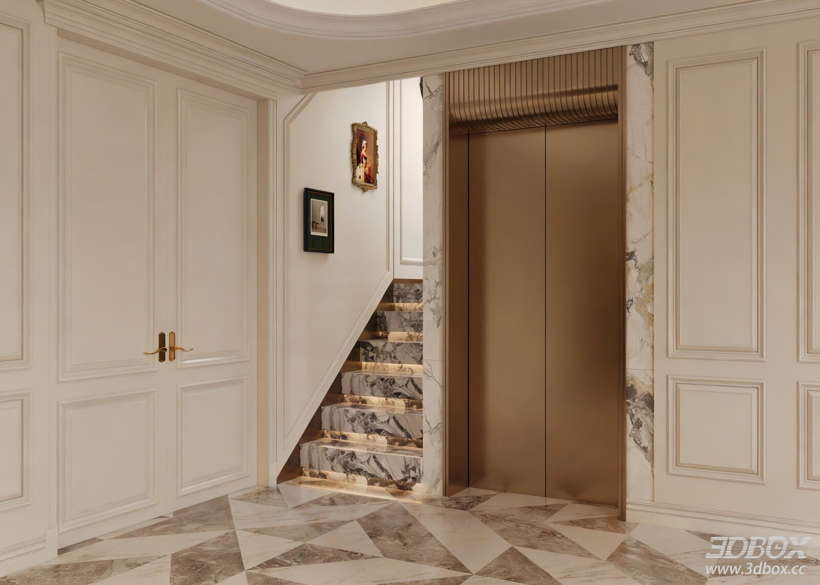French American Luxury Hallway Elevator Staircase Scene