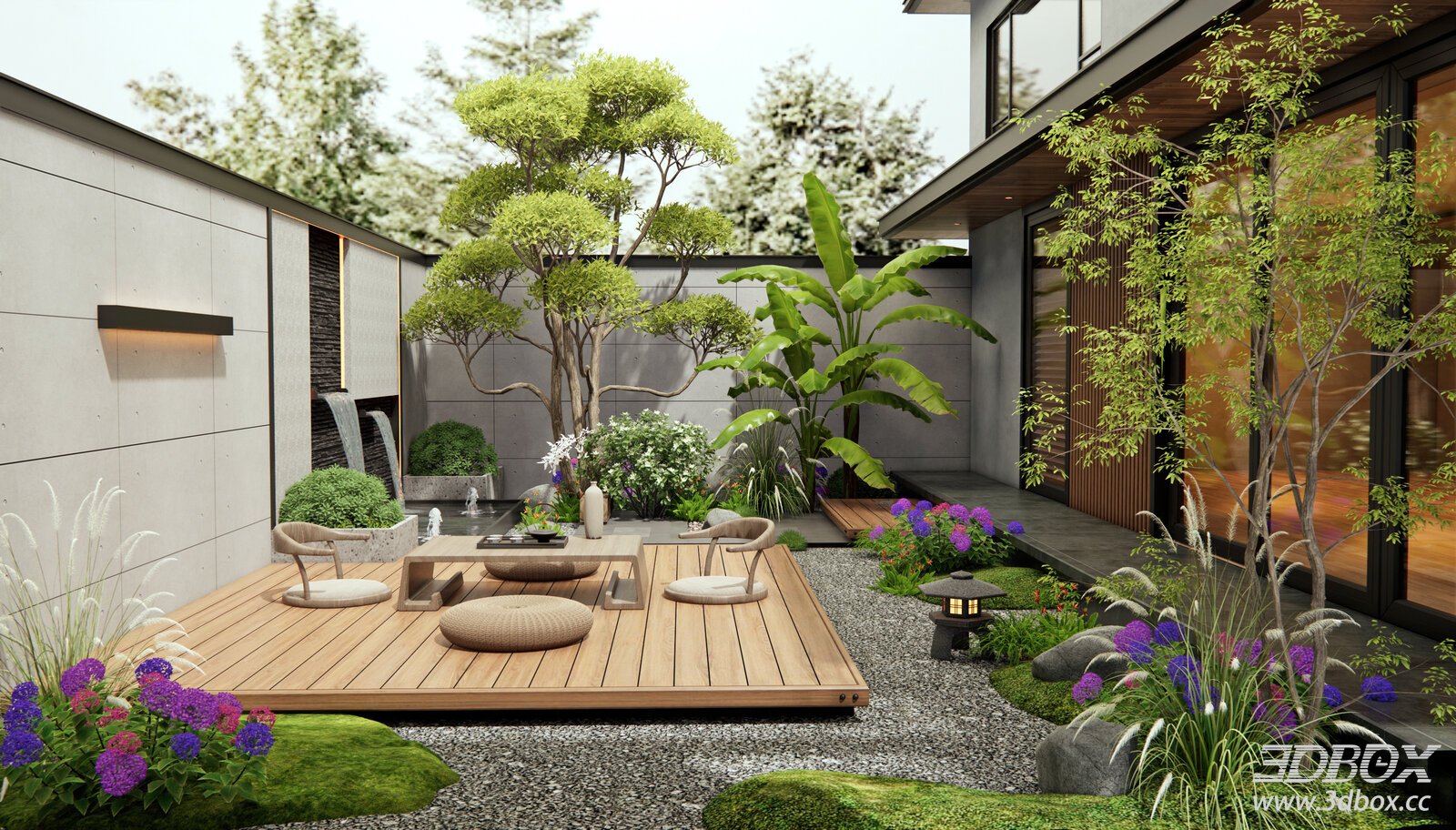 Modern Villa Courtyard Zen Garden Landscape with Water Feature