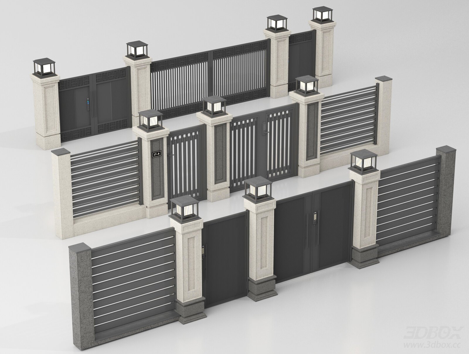 Modern Villa Gate Fence Set with Stone Pillars and Outdoor Lamps