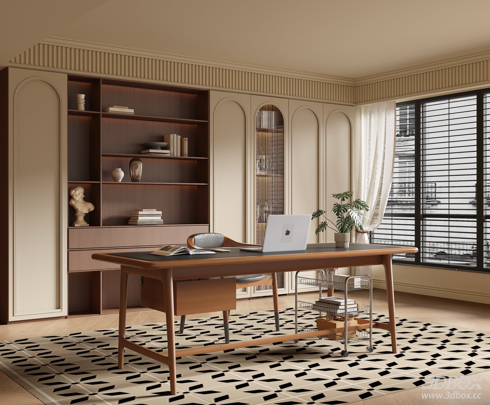 French Vintage Home Office Study Room Interior Scene