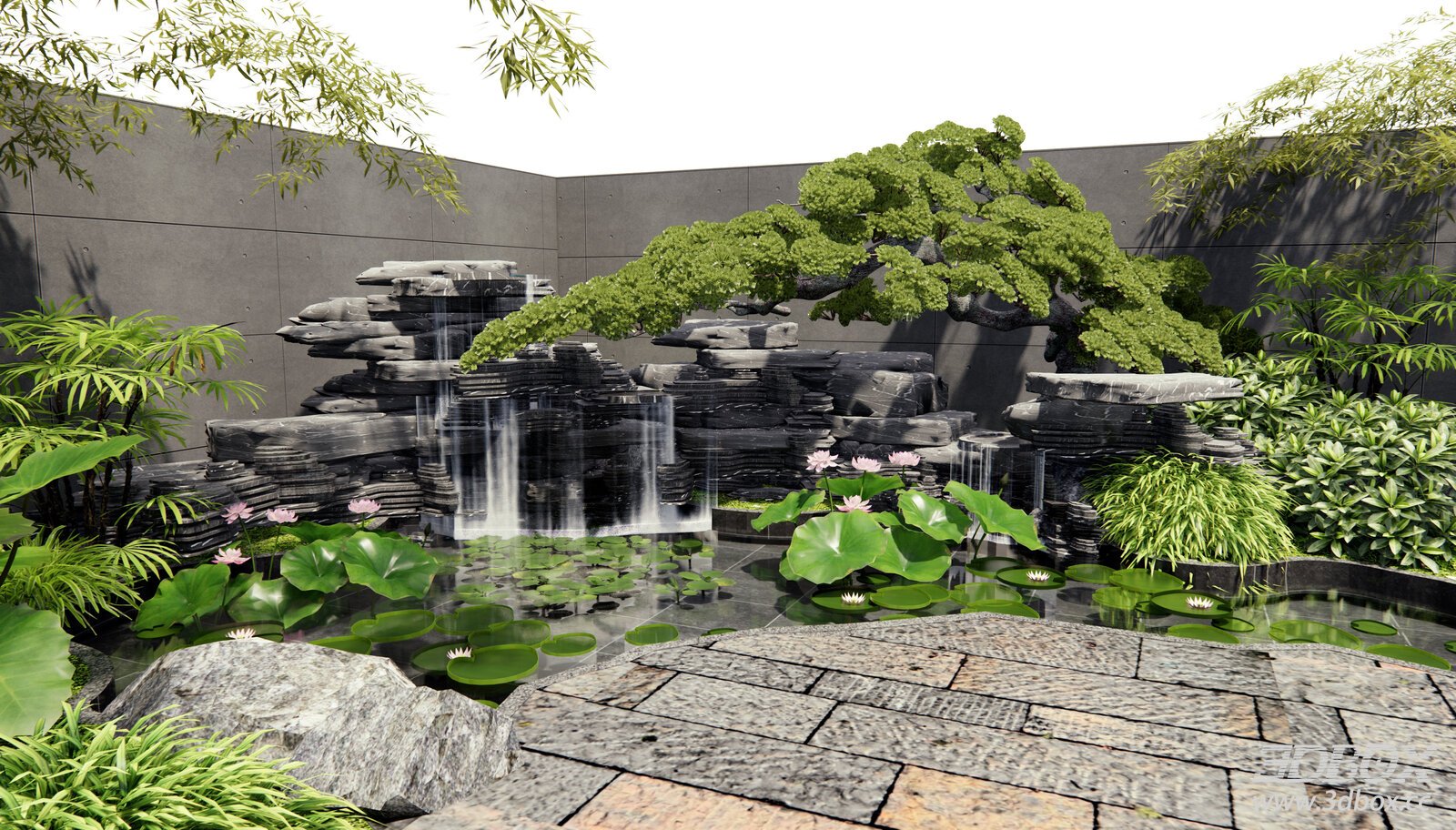 Zen Courtyard Rockery Waterfall Lotus Pond Landscape