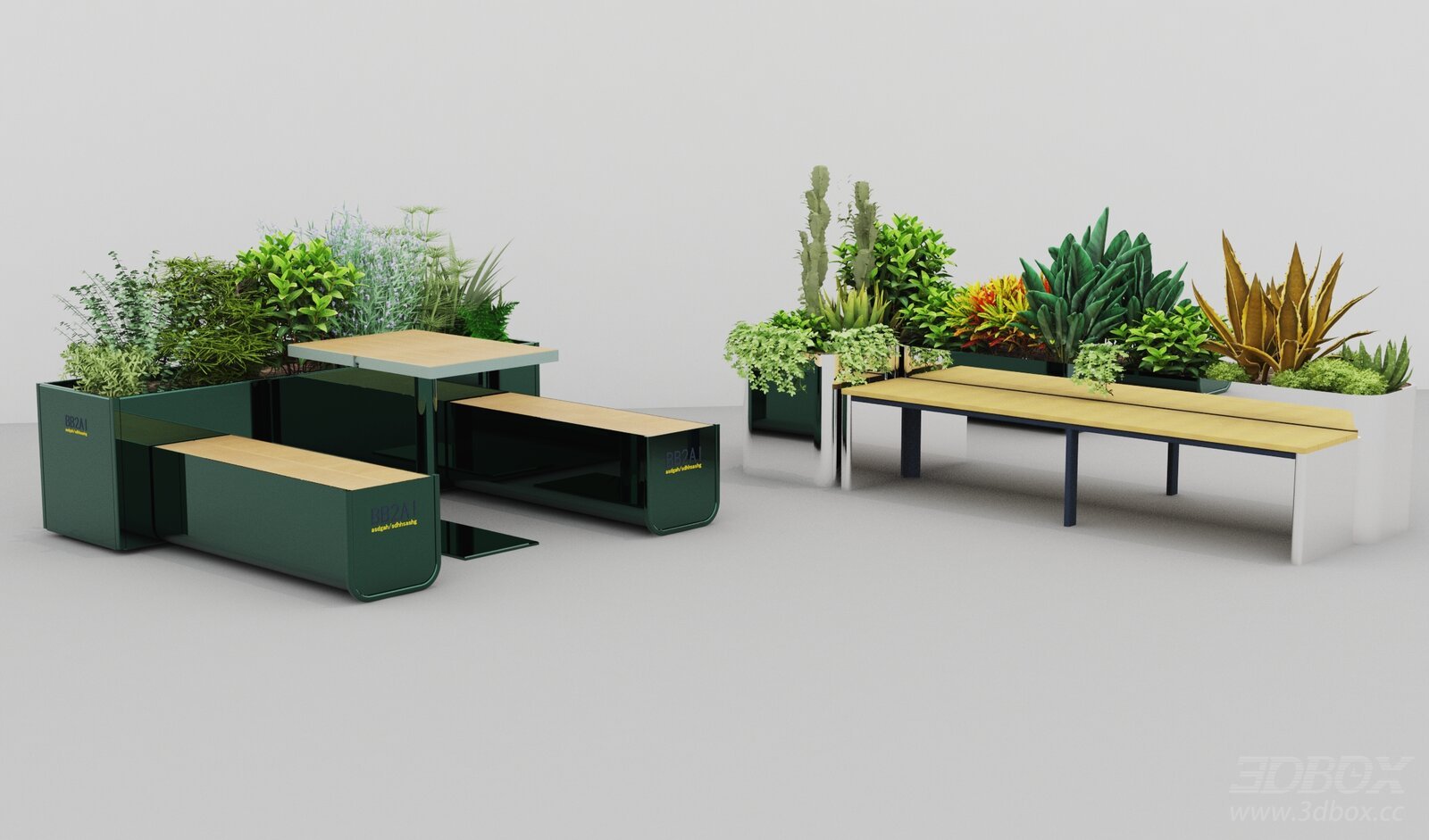 Modern Planter Bench Set with Greenery Plants