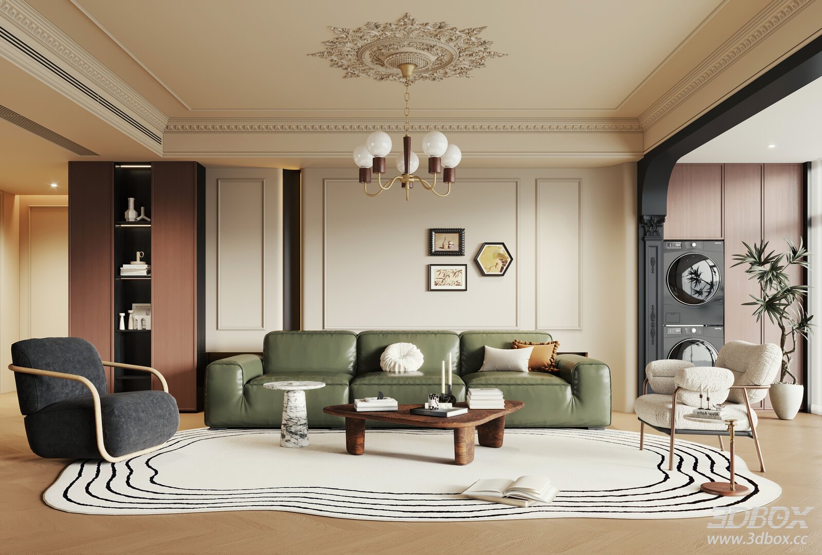 French Vintage Luxury Living Room with Green Leather Sofa