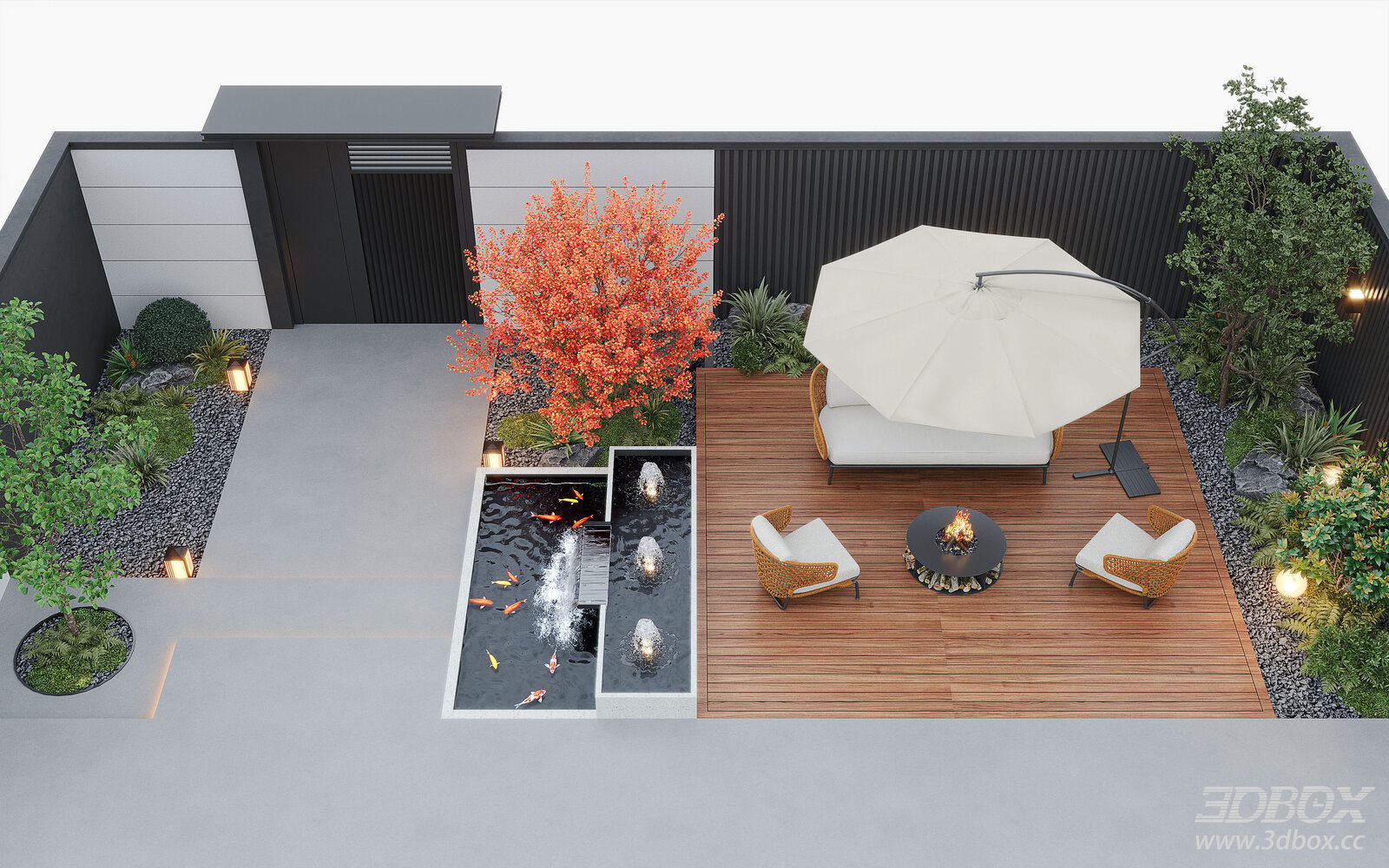 Modern Courtyard Garden Landscape with Water Feature