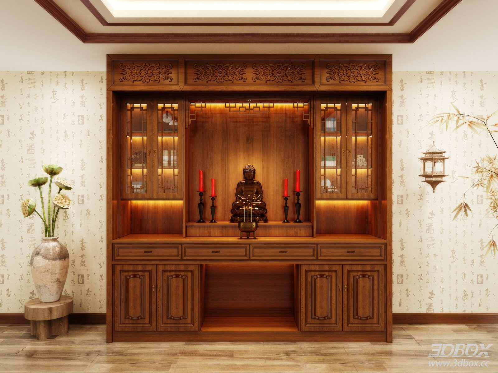 Traditional Chinese Wooden Altar Cabinet with Buddha Statue