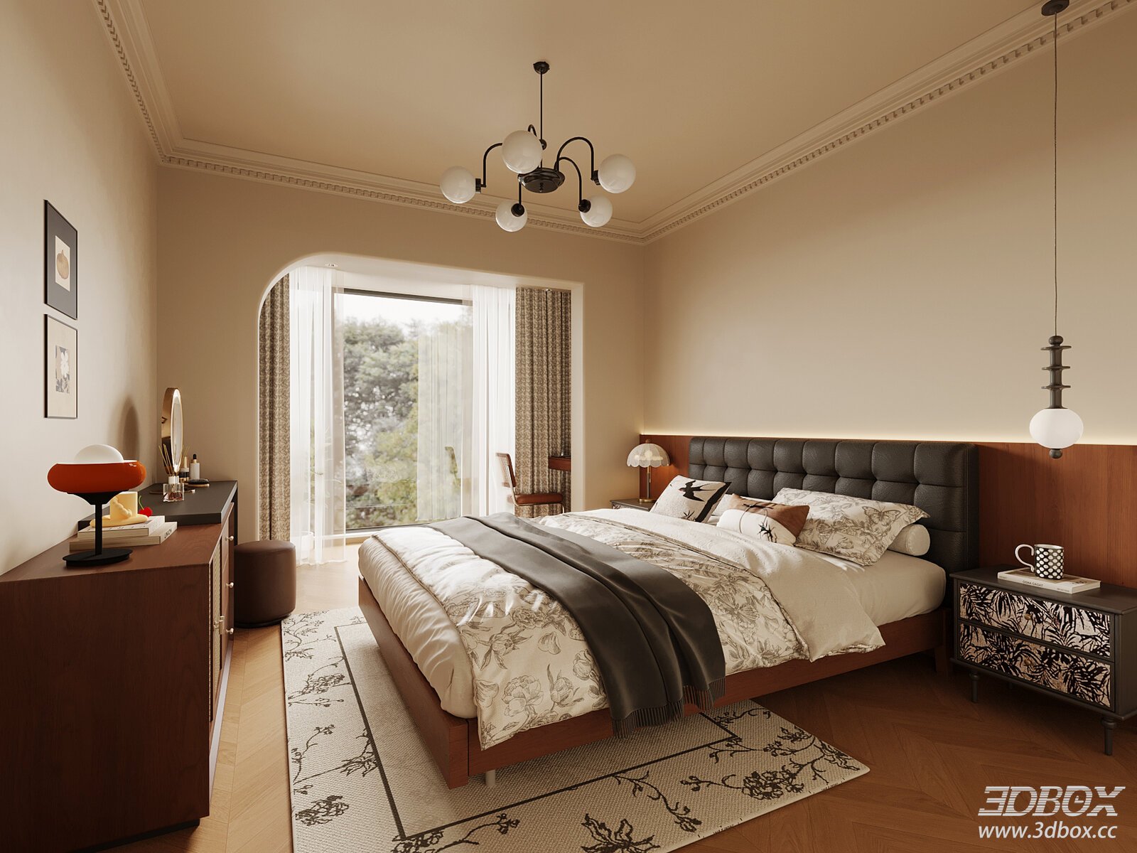 Mid Century Modern Bedroom Scene with Double Bed and Dressing Table