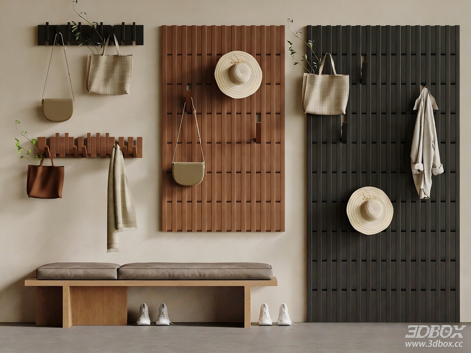 Modern Hallway Coat Rack with Wooden Slat Wall and Entry Bench