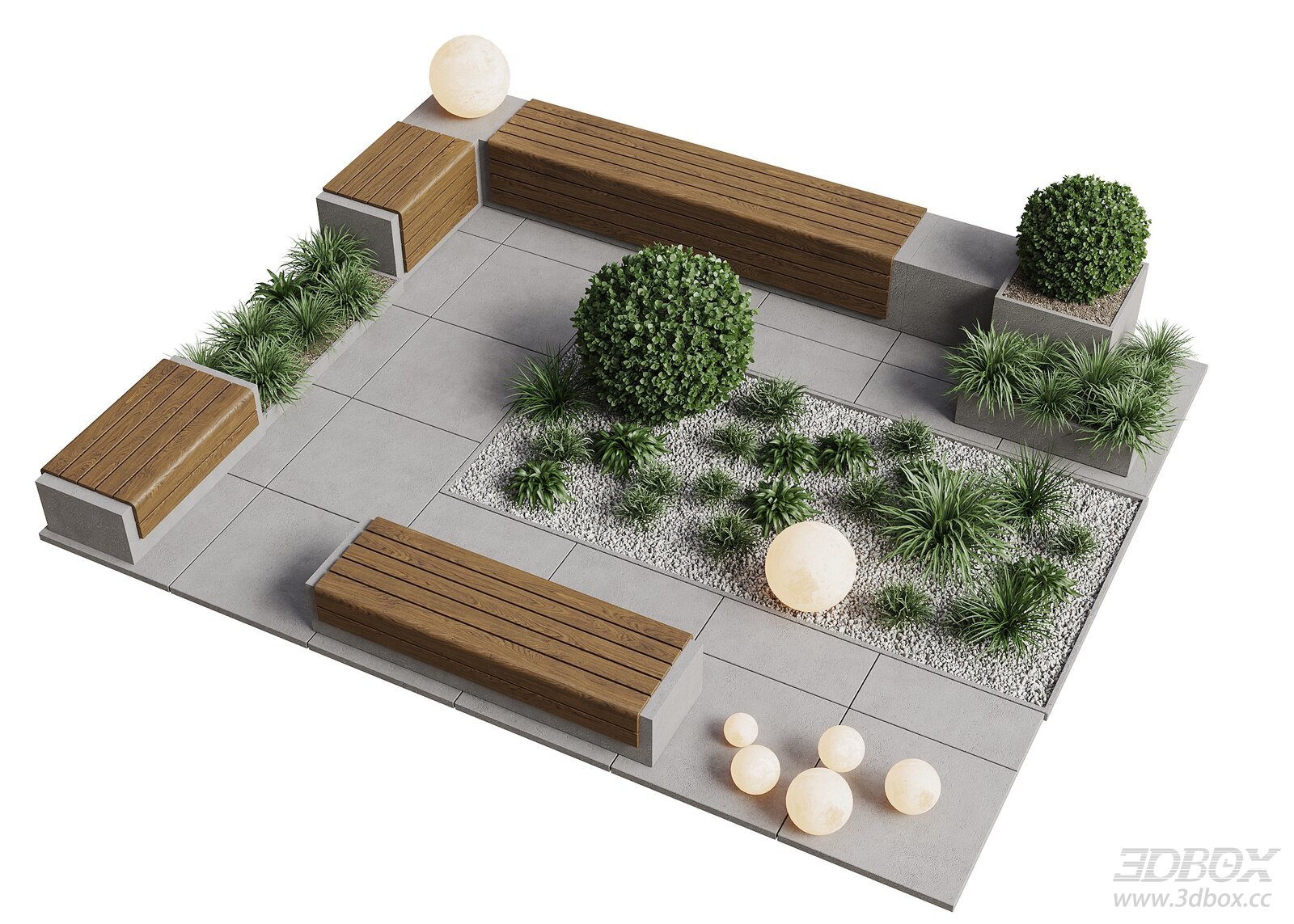 Modern Courtyard Landscape with Wooden Benches and Green Plants