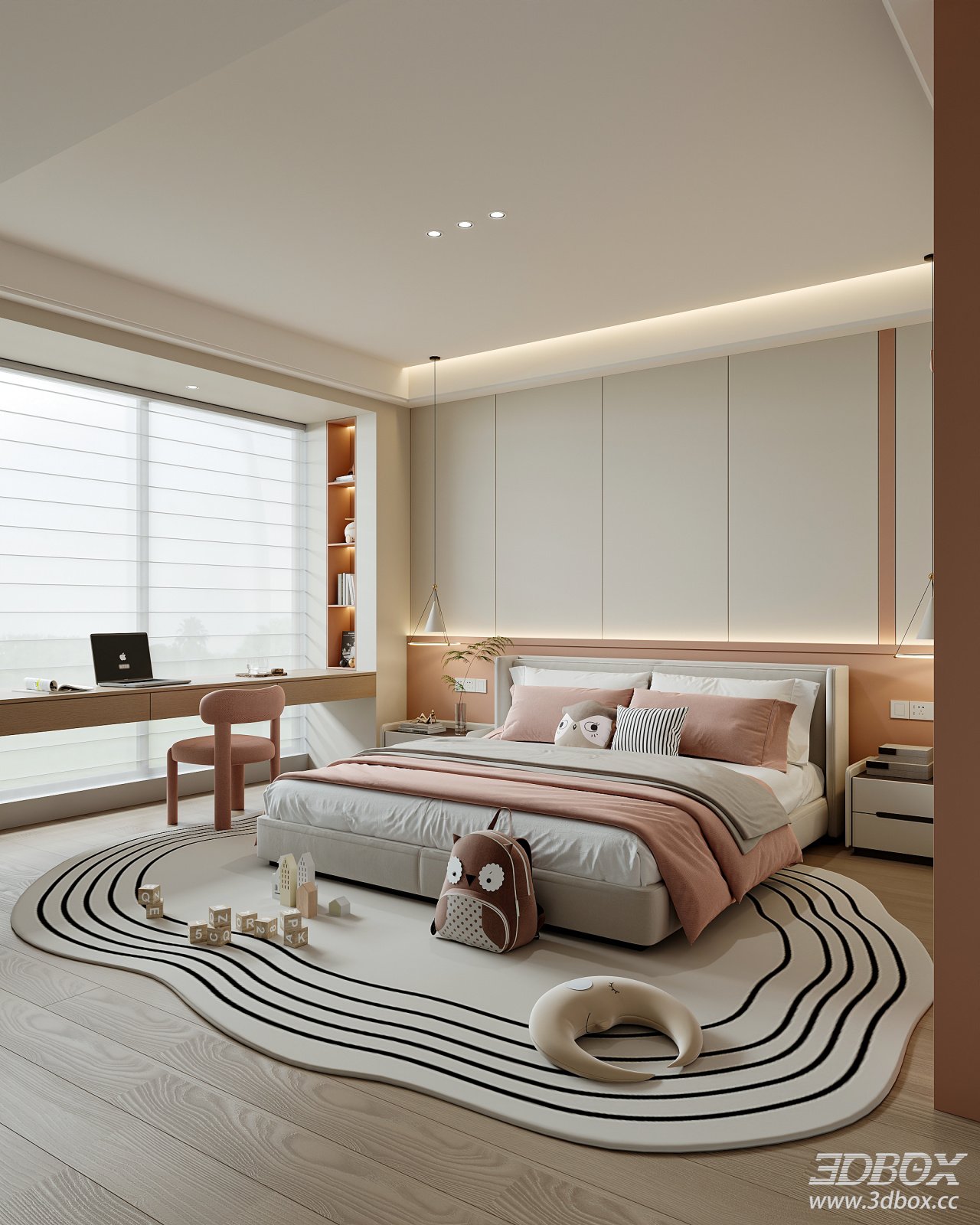 Modern Cream Style Kids Bedroom with Double Bed and Study Nook