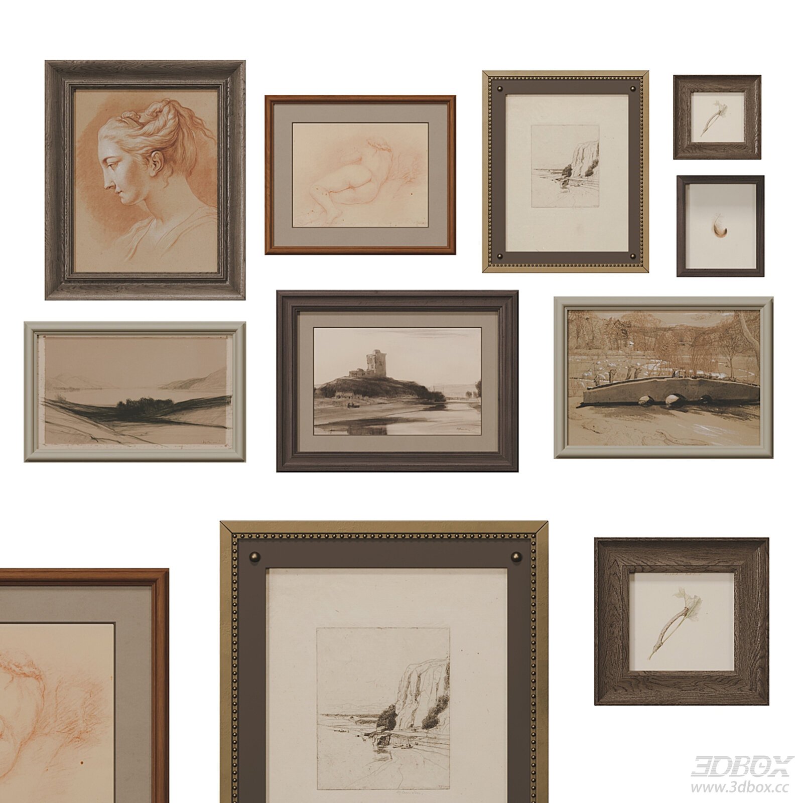 Vintage Wooden Framed Sketch Art Set
