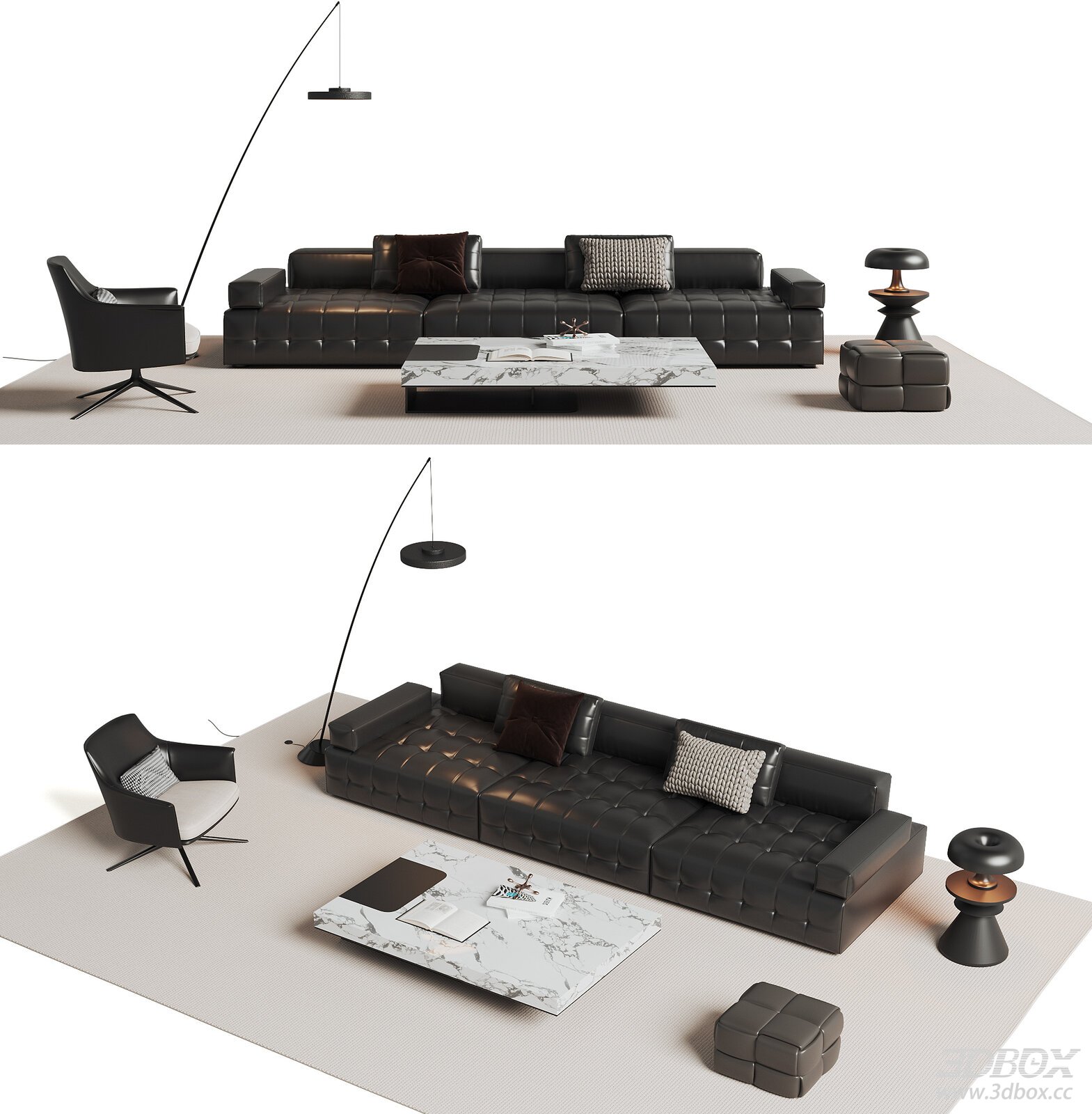 Modern Black Leather Sofa Set with Coffee Table and Armchair