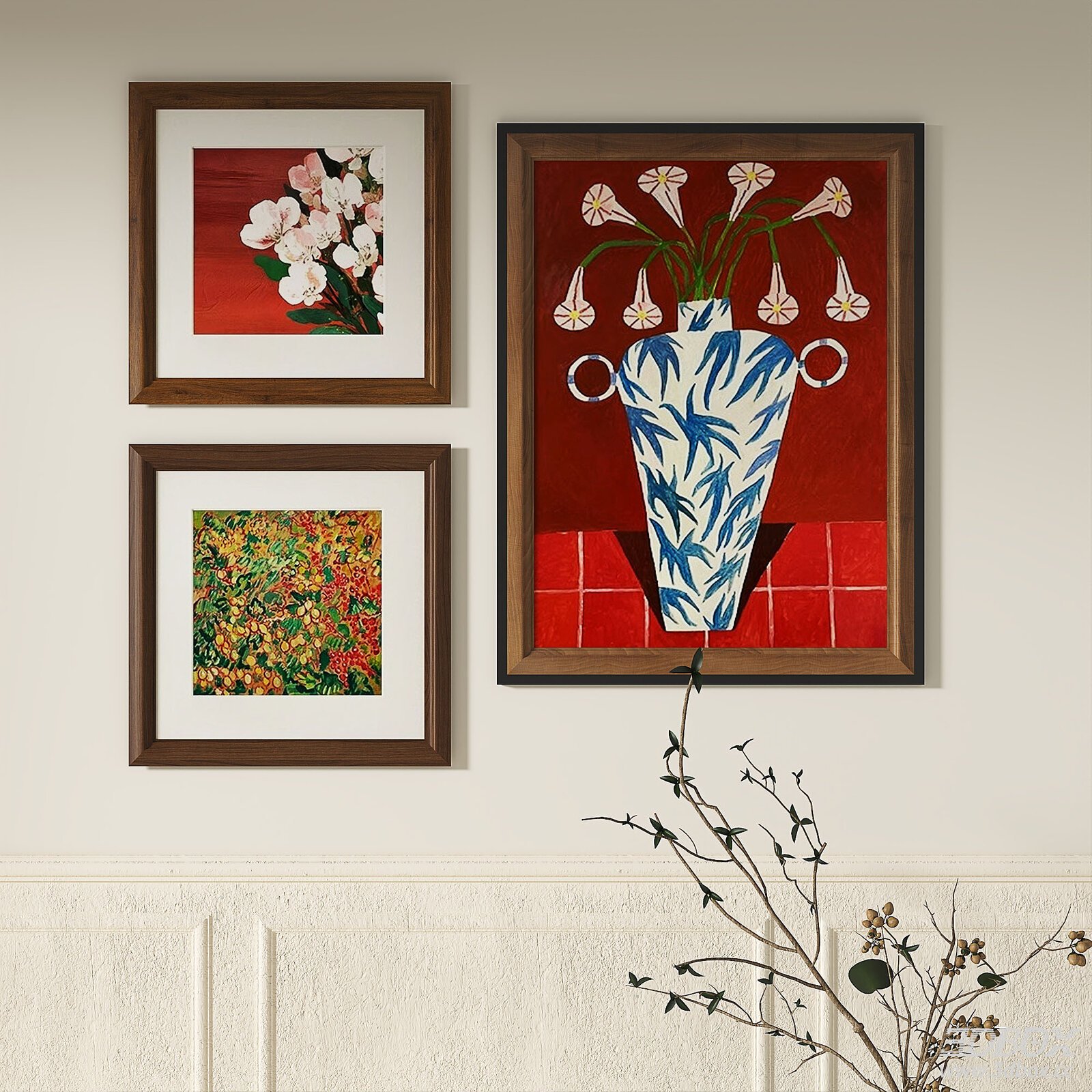Vintage Floral Decorative Wall Art Set Wooden Frame