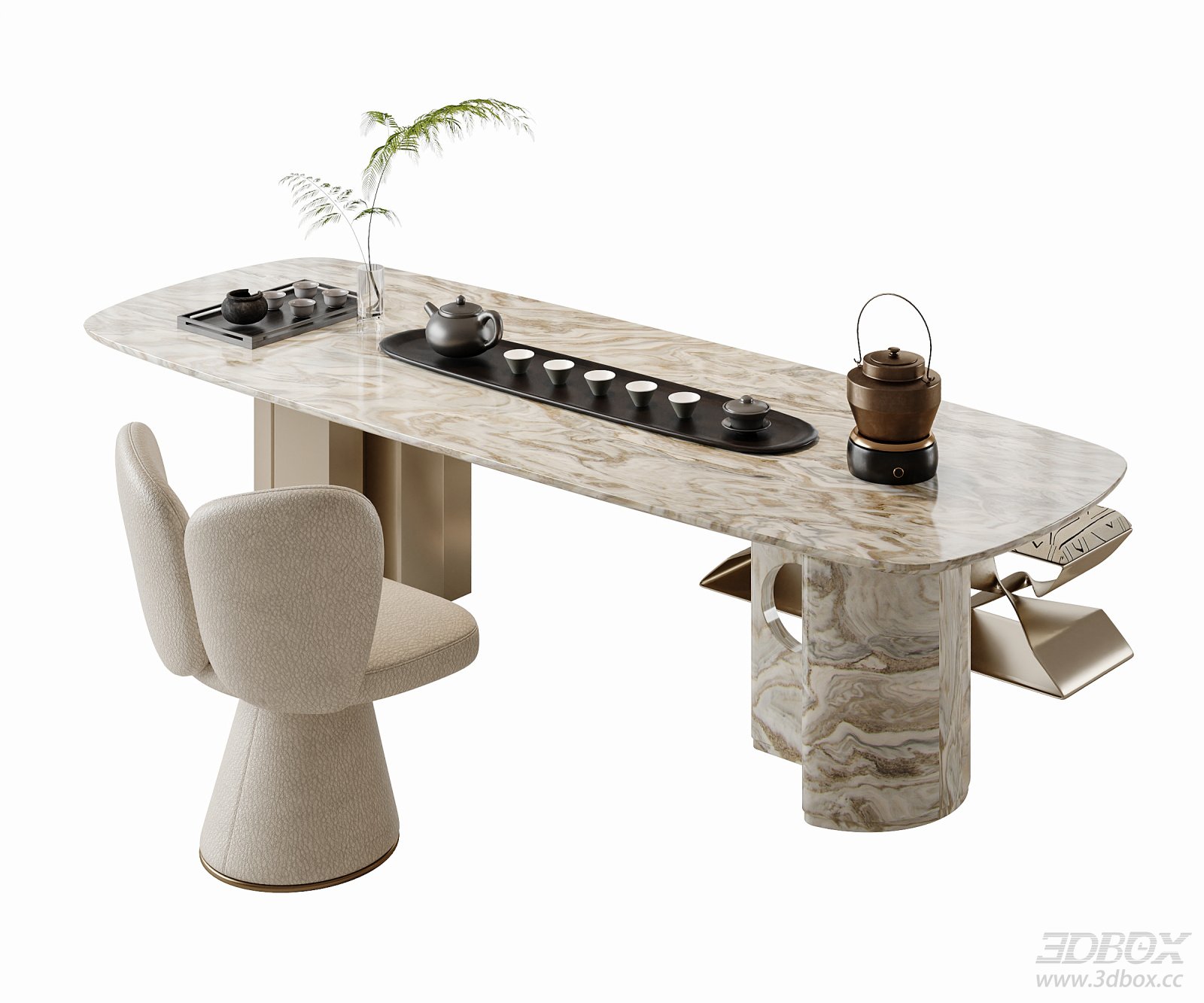 Luxury Marble Tea Table with Armchair and Tea Set