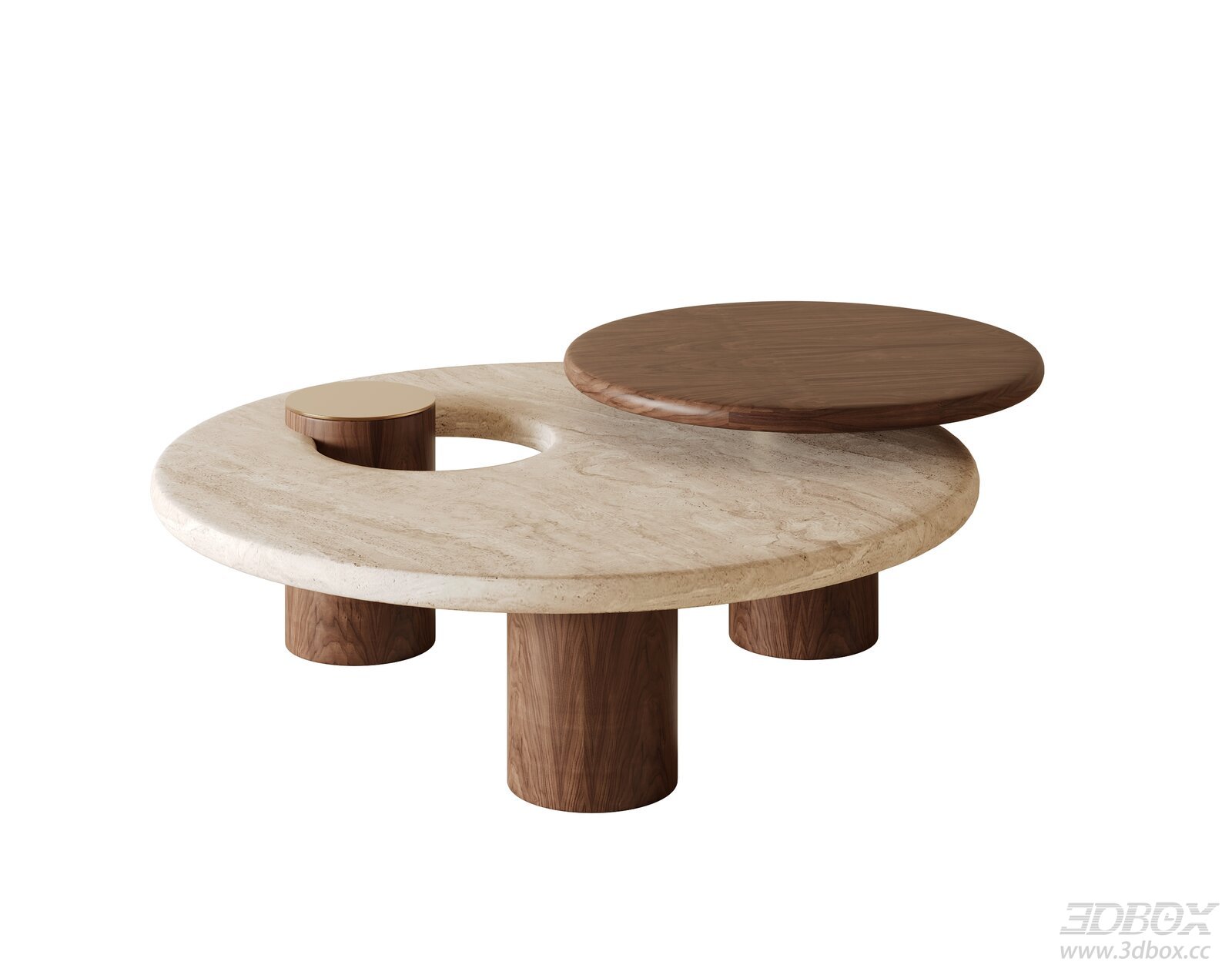 Mid Century Modern Round Travertine Walnut Coffee Table