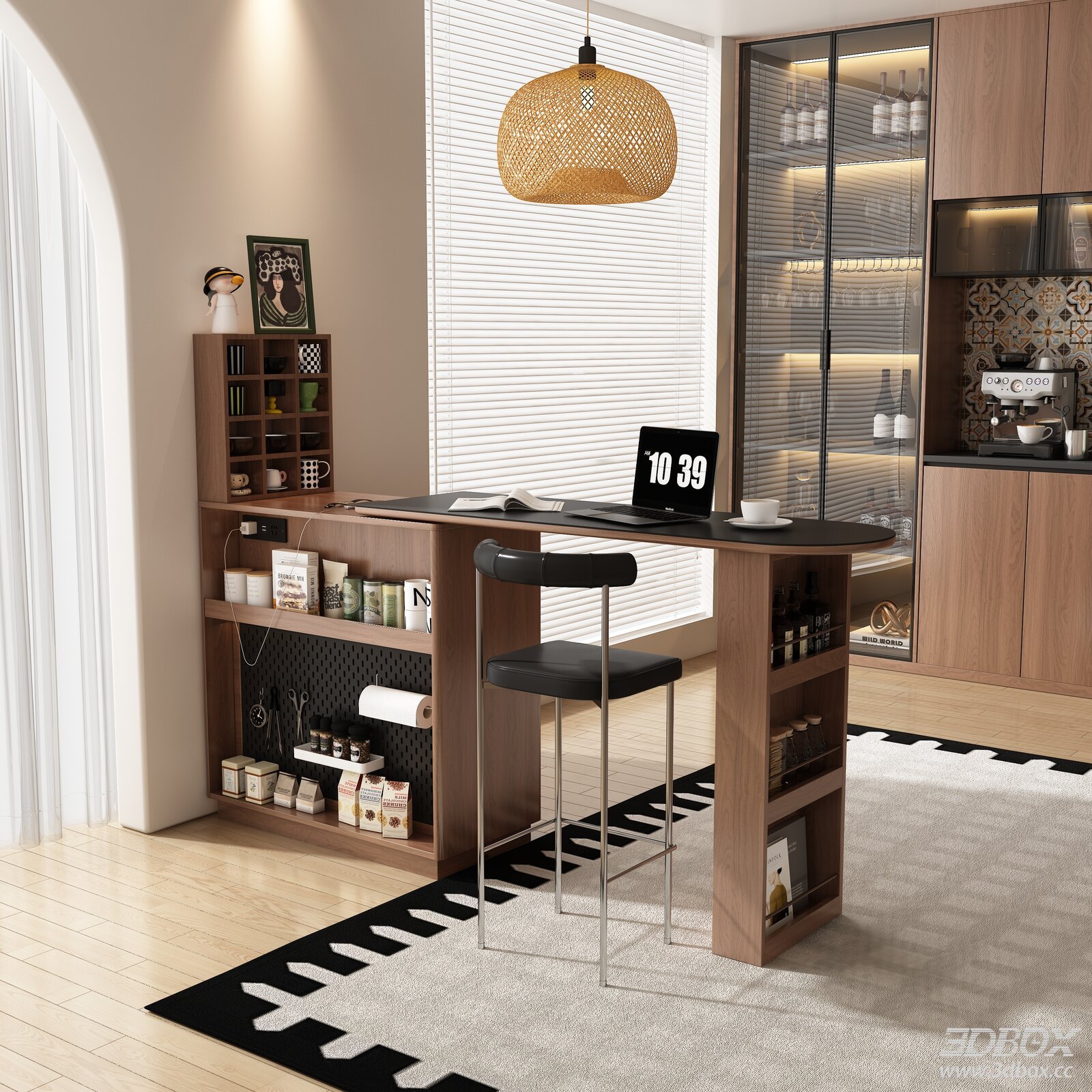 Mid Century Kitchen Dining Room with Wooden Island Bar