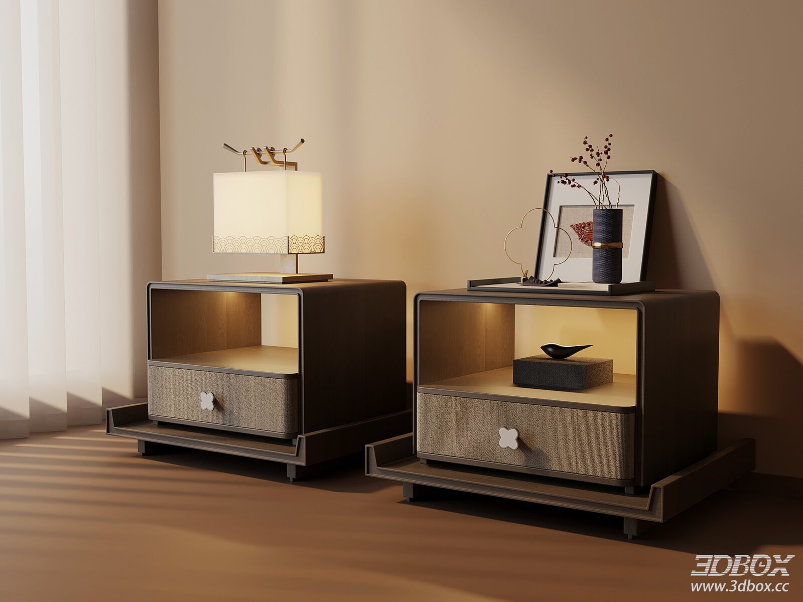 New Chinese Style Nightstand Set with Table Lamp and Decor